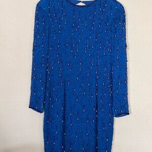 Morgan Taylor Beaded Silk Blue Sleeve Dress